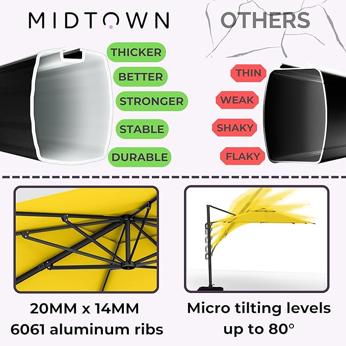 Midtown Umbrellas 10 Ft Outdoor Cantilever Patio Umbrella w/Terylast Sunflower Yellow Fabric - Tilt 360° Offset Patio Umbrella, Deck Patio Umbrella, Backyard Umbrella & Garden Umbrella - Black Frame