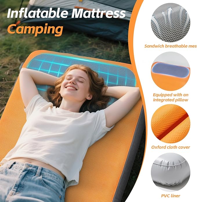 Sleeping Pad, 5.9" Thick Self Inflating Sleeping Pad with Electric Pump,4 Season Camping Mattress Pad with Built-in Pillow, Camping Essentials Gear for Hiking, Backpacking,Tent Use,Camping(Orange)