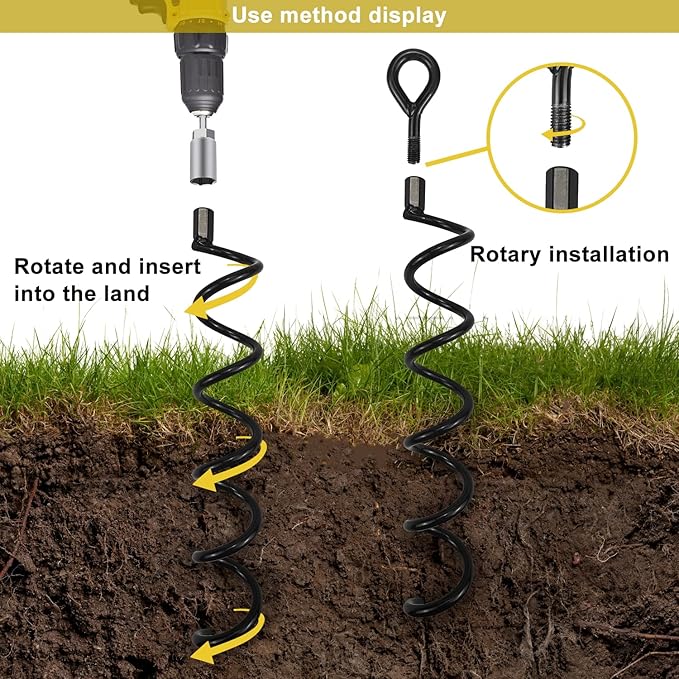 16.3 Inch Spiral Ground Anchor Stake High Durable Earth Anchor Kit for Tents, Trampolines, Garden Fencing, Sheds, Swings, and Dog Tie Out Stake (Black 4 Pack)
