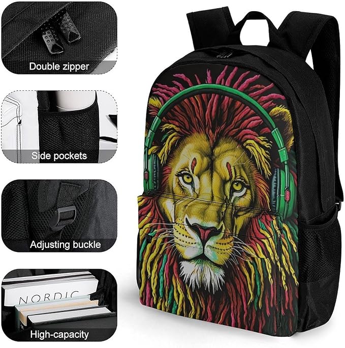 Polyester Daypack Backpack for Trekking Picnic Walking Cycling, Large Capacity Anti-Theft Multipurpose Shoulder Bag, Rastafarian Lion Rock And Roll Casual Daypack