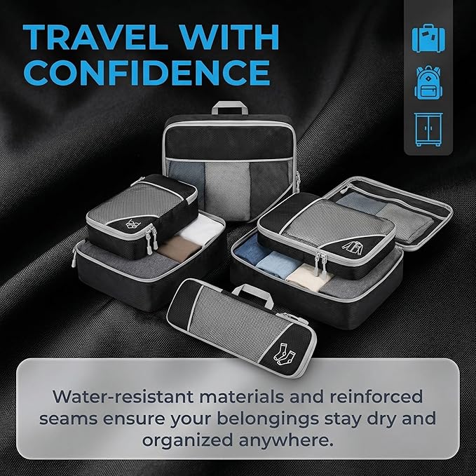 6Pcs Compression Packing Cubes Set, Waterproof Travel Luggage Organizer with Drawstring Bag, Lightweight Nylon Suitcase Storage Bags for Travel Camping Business Trip