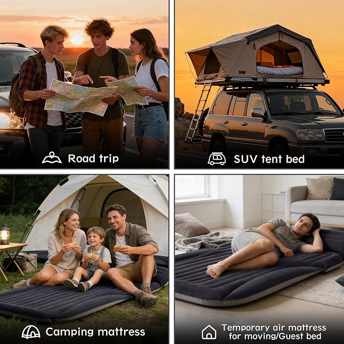 SUV Air Mattress, Double-Sided Thick Flocked Car Air Mattress with Built-in Pump & Pillow, Complete Sleeping Accessories for Auto Camping & Road Trips（Blue Black）