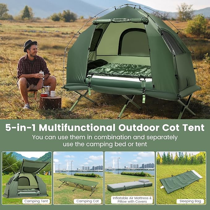 KOTEK 5-in-1 Tent Cot with Air Mattress, Sleeping Bag, Pillow, Canopy, Zippered Mesh Windows & Carry Bag, Elevated Tent for Camping, Hiking, Traveling, Picnic