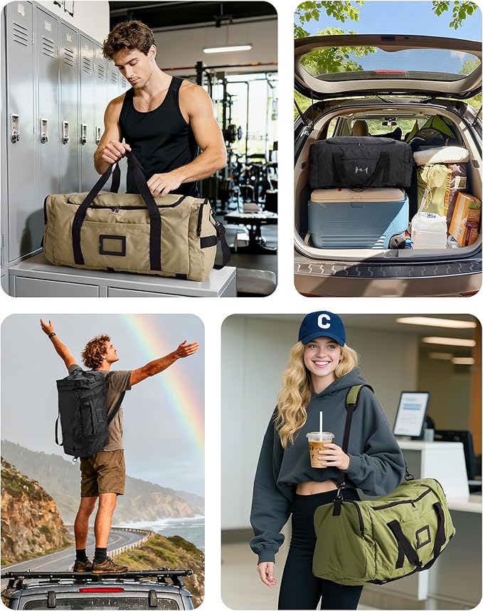 BAGSAMRT 60L Foldable Duffle Bag for Travel, Large Travel Duffel Bag for Men, 4 in 1 Travel Backpack, Carry on Weekender Bag, Black