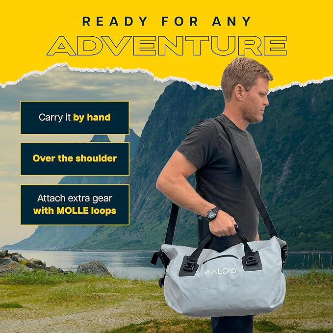 Malo’o Waterproof Dry Duffel, Heavy-Duty Roll Top Waterproof Gear Bag with Shoulder Strap & Molle Loops, Marine Duffel for Kayaking, Boating, Camping, Beach & Travel, Grey, 40L