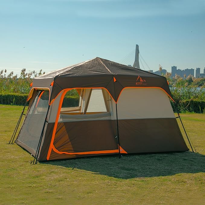 KTT Extra Large Tent 6-10-12-14 Person(Style-B),Family Cabin Tents,2 Rooms,3 Doors and 3 Windows with Mesh,Straight Wall,Waterproof,Double Layer,Big Tent for Outdoor,Picnic,Camping,Family Gathering