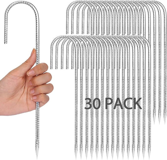 CEWOR 30 Pack 12 Inch Rebar Stakes, J Hook Galvanized Ground Stakes Heavy Duty Chain Link Fence Stakes Metal Ground Anchors for Tent Camping, Trampoline, Outdoor Garden Decorations