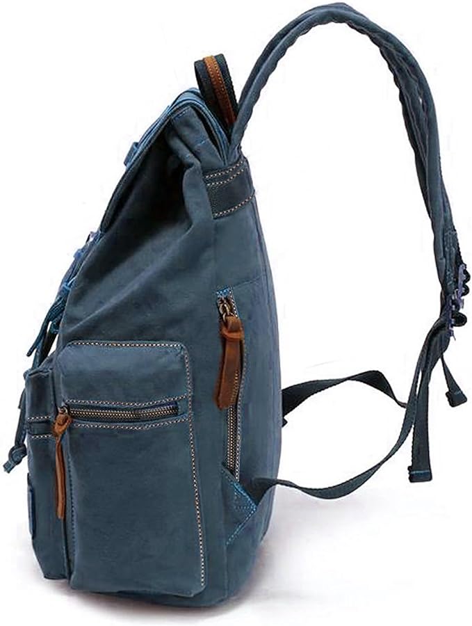 HuaChen Vintage Canvas Travel Backpack with Leather Trim, Laptop Padded Sleeve, Hidden Back Security Pocket, Fits 14-Inch, M32 Blue