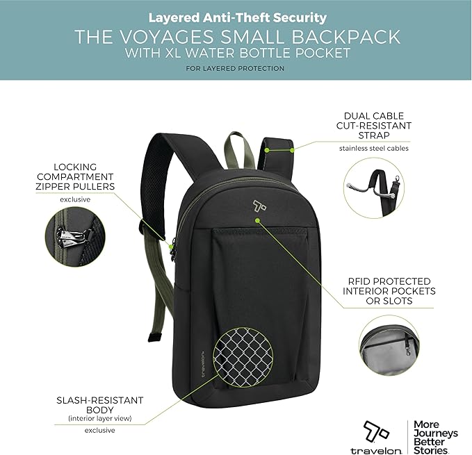Travelon Anti-Theft The Voyages Small Backpack with XL Water Bottle Pocket