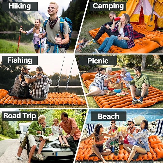 Double Sleeping Pad for Camping, 4" Extra Thick Self-Inflating Air Mattress - 2 Person Inflatable Camping Mat with Built-in Foot Pump & Pillow, Backpacking Hiking Tent Travel-Orange