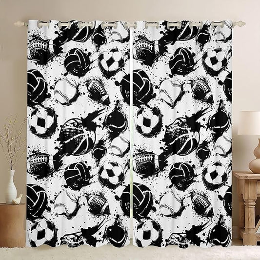 Black White Ball Blackout Curtains Basketball Soccer Football Baseball Window Drapes,Sports Theme Window Treatments,Kids Boys Girls Room Decor,Grommet Top 2 Panel Set Bedroom Curtains, 52Wx84L inch