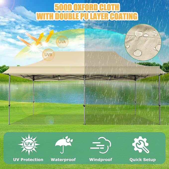 COBIZI 10x20 Pop Up Canopy Tent with Awning,Heavy Duty Canopy UPF 50+ All Season Wind Waterproof Commercial Outdoor Street Vendors Party Tents for Parties Canopy with Roller Bag(10 x 20 ft Khaki)