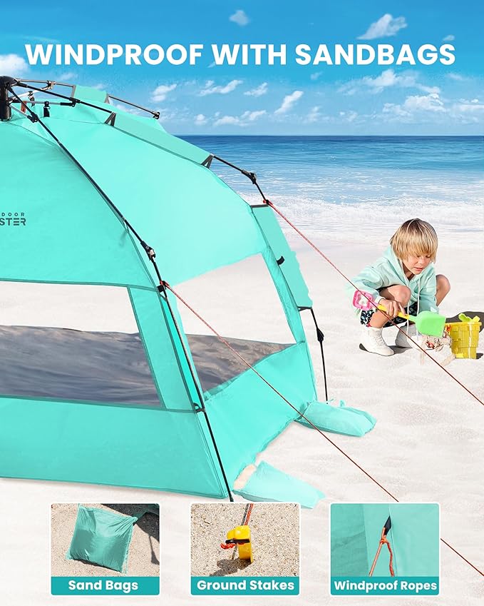 OutdoorMaster Beach Tent with Blackout Shelter Technology, Portable Sun Shade Shelter 4 Person, Pop Up Beach Tents with UPF 50+ UV Protection, 9.5mm Thick Pole, 3 Ventilating Mesh Windows -Green