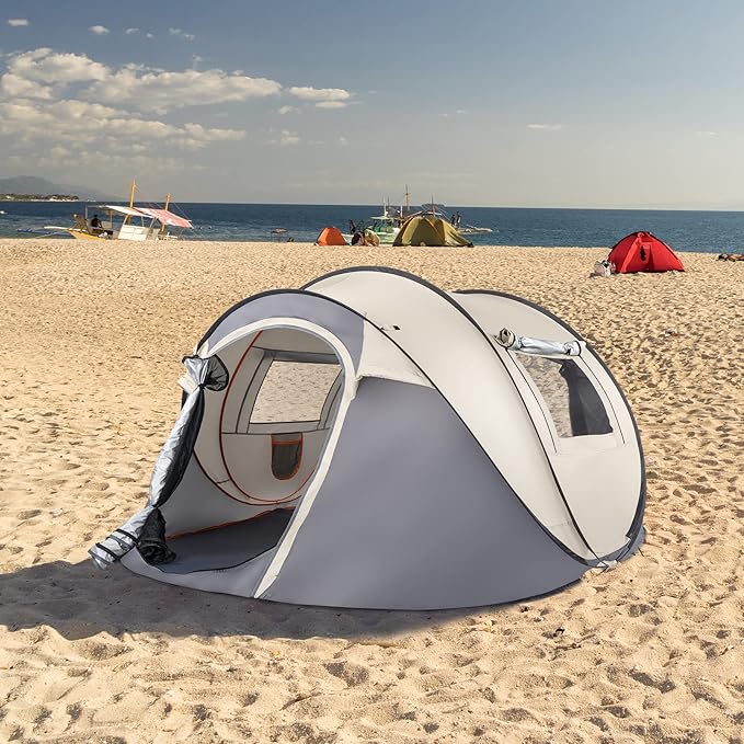 4-Person Pop Up Camping Tent, Waterproof & Windproof, Instant Setup with Windows & Ventilation, Beige and Gray, Lightweight Portable for Family Camping, Hiking, and Backpacking