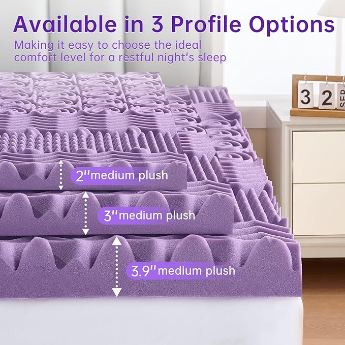 MUXHOMO 2 Inch 7-Zone Queen Mattress Topper, Egg Crate Memory Foam Mattress Topper Queen Size for Back Pain, Lavender Cooling Gel Infused Bed Pad, CertiPUR-US and Oeko-TEX Certification (60"×80")