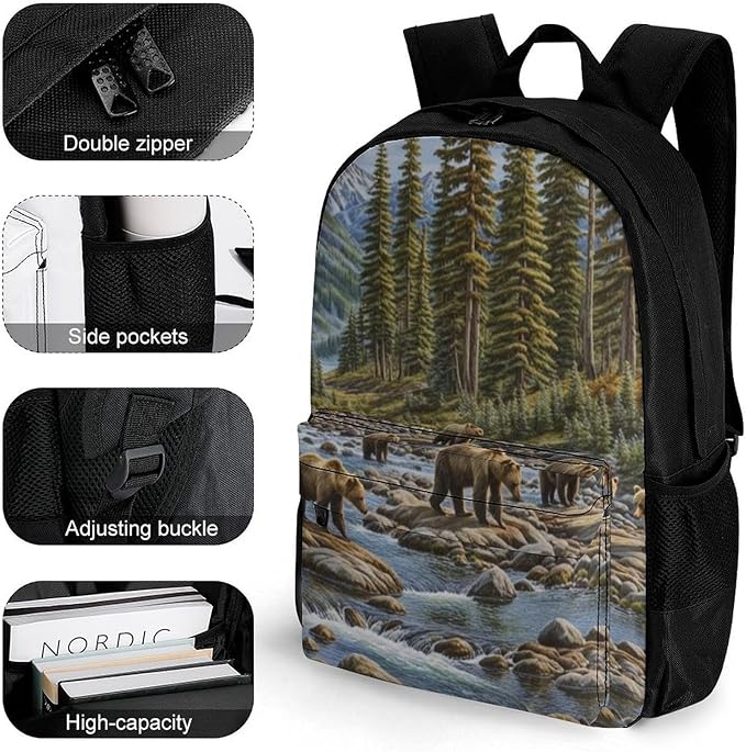 Men Women Polyester Western Mountain Bear Retro Daypack Backpack Large Capacity Carry On Bag With Smooth Zippers for Hiking Picnic Walking Cycling