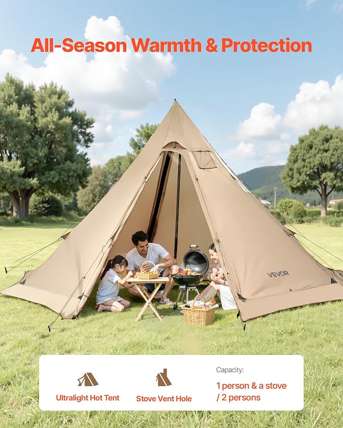 VEVOR Hot Tent, Camping Tipi Hot Tents with Stove Jack, Portable Winter Camping Tents with Snow Skirt, Easy Setup, Waterproof 4 Season Shelter Tents for Fishing Backpacking