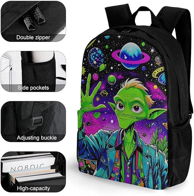 Supdreamc Daypack Bookbag Anti-Theft Multipurpose Large Capacity Bookbag, Psychedelic Space Alien Art Travel Hiking Camping Rucksack With Adjustable Shoulder Straps