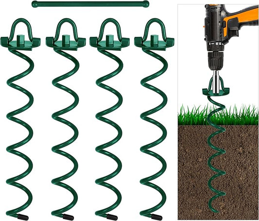 FEED GARDEN 16 Inch Spiral Ground Anchors Heavy Duty Screw in Spiral Stakes, 4 Pack Folding Ring Ground Stakes for Securing Dogs,Tents, Trampolines, Canopies, Swing Sets,Green