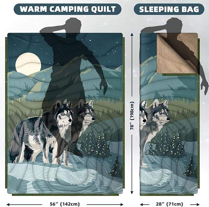Outdoor Camping Blanket with Sherpa Lining, Extra Warm Thick Camp Blankets and Puffy Ultralight Soft Poncho DWR Camping Quilt for Cold Weather, Adventure, Sleeping, Backpacking 78"x 56"