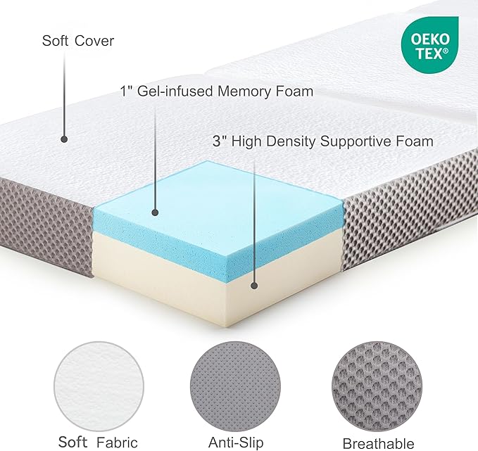 Kingfun Foldable Mattress 4 Inch Folding Mattress Tri-fold Gel Memory Foam Breathable with Storage Bag, Portable Floor Guest Bed Soft for Sleeping Camping, Gray, Queen Size