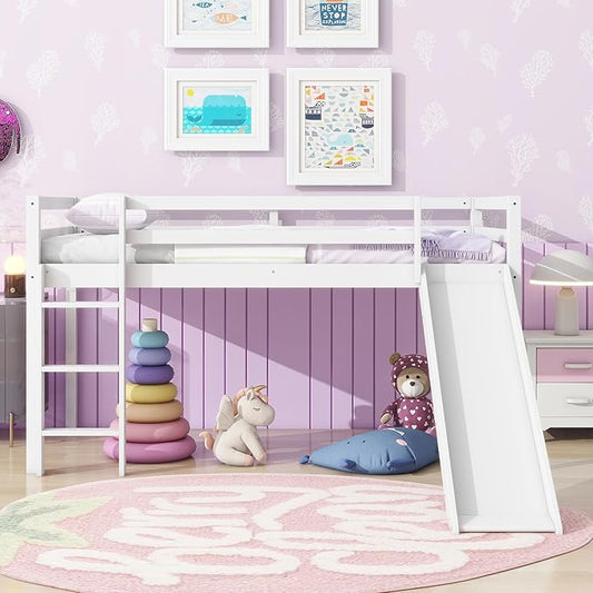 KEIKI Twin Loft Bed with Slide, Ladder, Rubber Wood Frame, Underbed Play Area & Storage, White