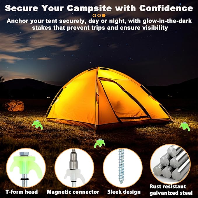 20 Pack 8" Heavy Duty Tent Stakes Screws- Glow in The Dark Metal Tent Stakes-Drill in Style Ground Anchor Screw in Pegs for Camping Patio Garden Awning Canopy Grassland, Comes with Hexagon Head Drive