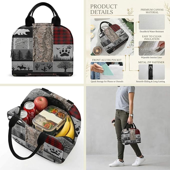 Western Retro Denim Insulated Lunch Bag Bear Deer Bird Nature Landscape Cactus Thermal Tote Portable Size (02)