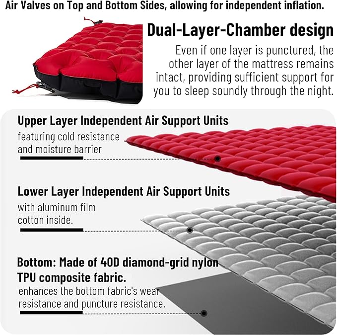6.5 R-Value Camping Sleeping Pad for All Season, Dual Layer Ultralight Air Mattress for Cold Weather, Insulated Inflatable Sleeping Mat for Backpacking,Hiking,Outdoor, with Air Pump Sack
