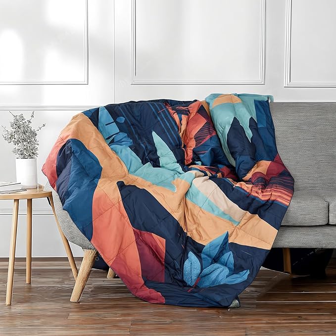 Down Camping Blanket, Ultralight Compact Packable Throw with Snaps for Outdoor Indoor, Travel Stadium Concert Picnic Beach, Puffy 650 Fill Down Water-Resistant Quilt (Mountain Sunset)