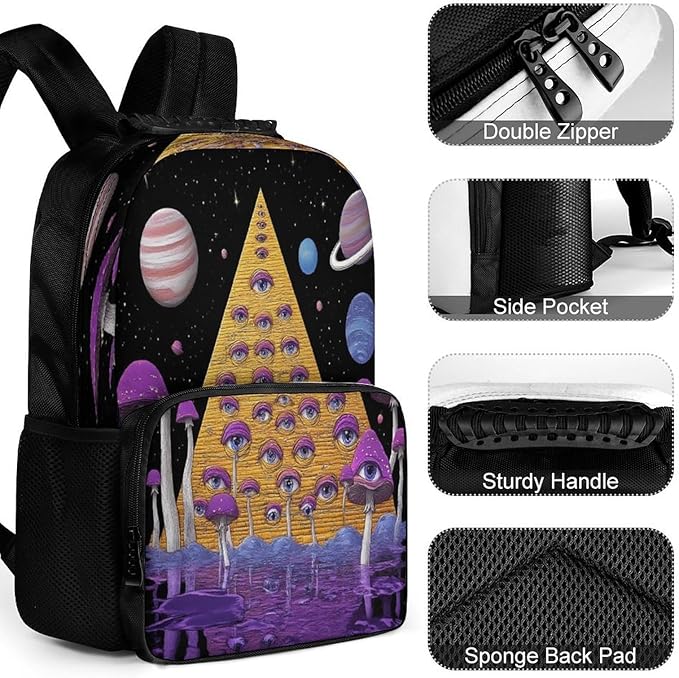 Shoulder Book Bags Polyester Multipurpose Anti-Theft Trippy Egyptian Pyramid Eye Mushroom Art Carry On Bag Large Capacity Travel Hiking Camping Rucksack