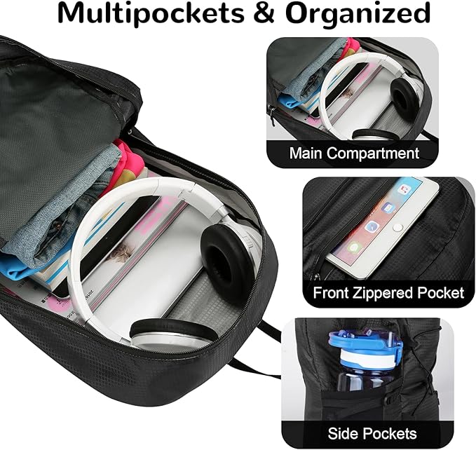 Small Foldable Nylon Hiking Backpack for Men, Ultralight Collapsible Backpack for Travel, Black