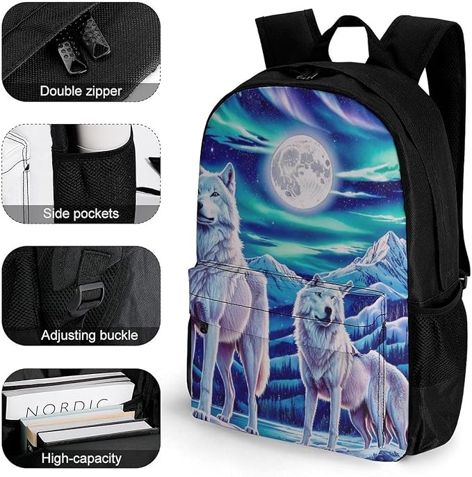 Supdreamc Rucksack Anti-Theft Multipurpose Big Capacity Carry On Bag, Wolves Moon Aurora Art Traveling Camping Backpack With Side Pockets