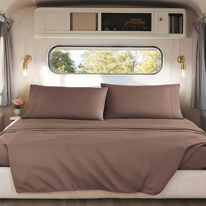 Hearth & Harbor Short Queen Sheets for RV, Chocolate Brown RV Queen Sheets, Silky Soft 1800 Microfiber Bed Sheet for Camper, 4 Piece RV Bedding with Pillowcases