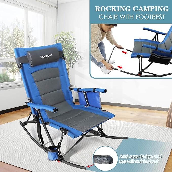 Oversized Folding Low Rocking Camping Chair with Footrest Removable Pillow Portable Outdoor Rocker Padded High Back Ergonomic Armrests for Patio Garden Lawn