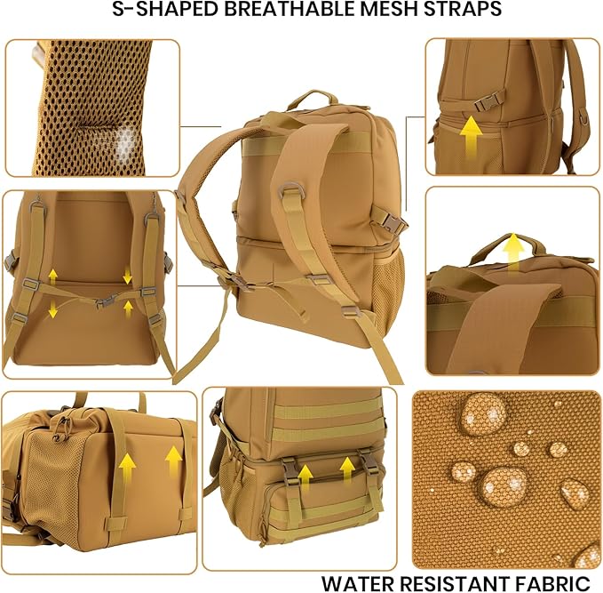 Tactical Cooler Backpack for Men, 41L Insulated Leakproof Lunch Backpack with 16” Laptop Compartment, Heavy Duty Double Deck Soft Cooler Bag for Work, Fishing, Camping, Hiking – Coyote Tan