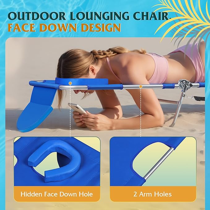 WLIVE Beach Lounge Chair for Adults, 4-Position Folding Tanning Chairs with Face Hole for Outside, 2 Legs Support Portable Outdoor Chair for Beach, Pool, Blue