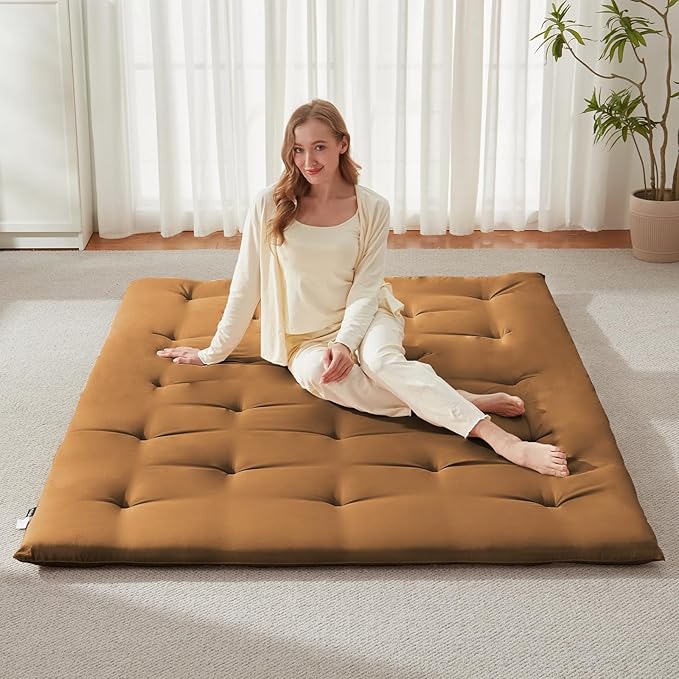 Japanese Floor Futon Mattress Queen Size 60"x 80", Foldable Bed Mattress, Portable Tatami Mat Sleeping Pad, Folding Futon Cushion, Roll Up Floor Lounger for Guest Room Dormitory (Brown)
