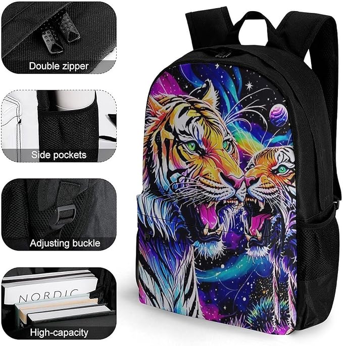 Supdreamc Rucksack Multipurpose Anti-Theft Big Capacity Shoulder Bag, Cool Tiger Universe Surreal Style Art Travel Hiking Camping Rucksack With Side Pockets