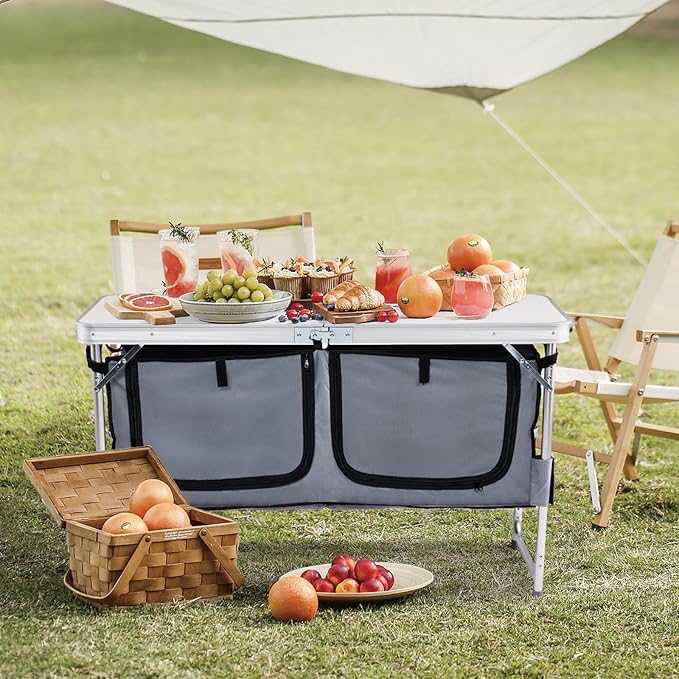 Outdoor Folding Camping Table with Storage Compartment, 4ft Portable Pinic Table with 3 Adjustable Height, Carry Handle，for BBQ, Party, Camping, White