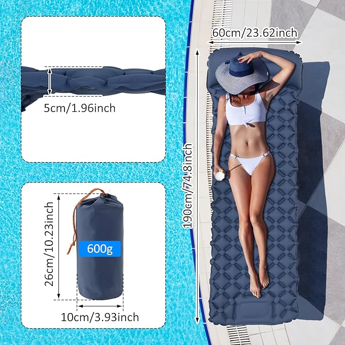 Sleeping Pad for Camping with Pillow - Ultralight(1.3lbs) Inflatable Tent Mattress, 4" Thick Inflatable Bed with Foot Pump Design, Connectable for Double Bed Camping | Hiking Traveling (Navy Blue)