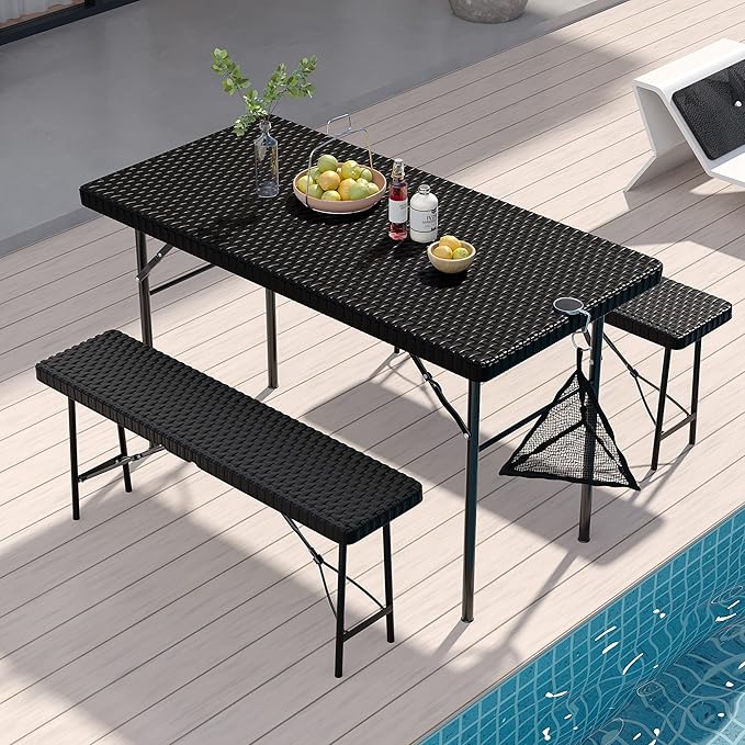 VECELO 3 Piece Folding Picnic Table with 2 Benches, 47.2" Faux Rattan Patio Set with Mesh Bag, Heat-Resistant & Waterproof, for Indoor Outdoor Use, Matte Black