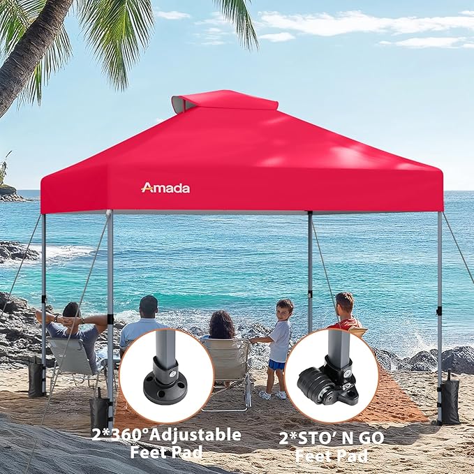Amada 10x10 Pop Up Canopy - Center Lock One Push Instant Setup Gazebo Outdoor Canopy Beach Tent with STO-N-Go Bag 8 Stakes & 4 Sand Bags, 3-Height Adjustable Shade Shelter (10x10ft, Red)