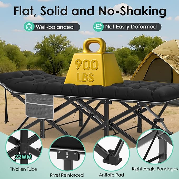Suteck Camping Cot, 32In XXL Folding Camping Cot Heavy Duty Sleeping Bed for Adults 1200D Double Layer Oxford Cots for Camping W/Pilllow Mattress Carry Bag for Home Office Nap Beach Travel, 900LBS