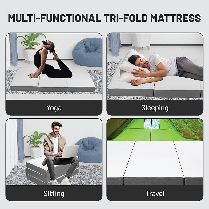 Treaton, 4-Inch Tri-Folding Gel Memory Foam Portable Floor Mattress | Breathable Mesh, Ultra Soft, Cot Pad, Removable and Washable Cover, Comfortable Support, Therapeutic Qualities, 31-Inch, White