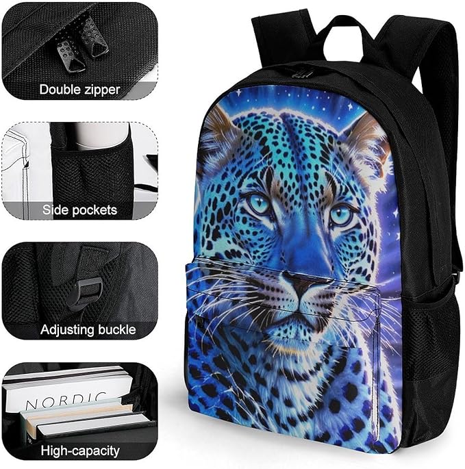 Men Women Polyester Galaxy Cheetah Art Casual Daypack Large Capacity Carry On Bag With Adjustable Shoulder Straps for Camping Work Running