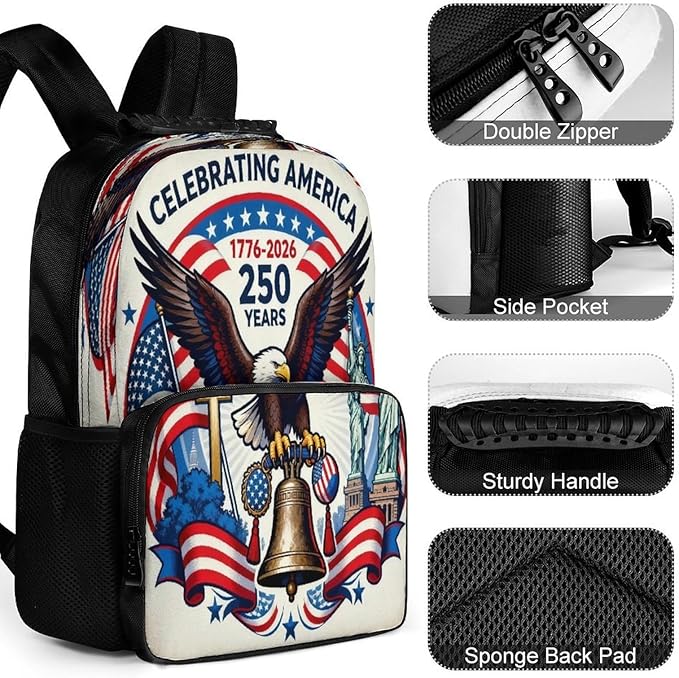 Men Women Polyester 250th Anniversary Freedom Eagle Art Casual Daypack Large Capacity Carry On Bag With Adjustable Shoulder Straps for Camping Work Running