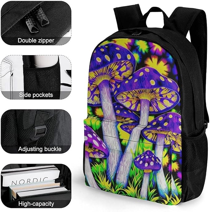 Supdreamc Men Women Polyester Psychedelic Trippy Mushrooms Art Daypack Big Capacity Shoulder Bag With Adjustable Shoulder Straps for Camping Travel Walking Cycling