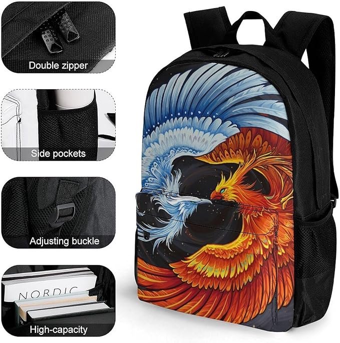 Supdreamc Backpack Polyester Multipurpose Anti-Theft Ice Water Fire Flame Phoenix Bird Art Shoulder Bag Big Capacity Gym Outdoor Hiking Backpack With Padded Straps