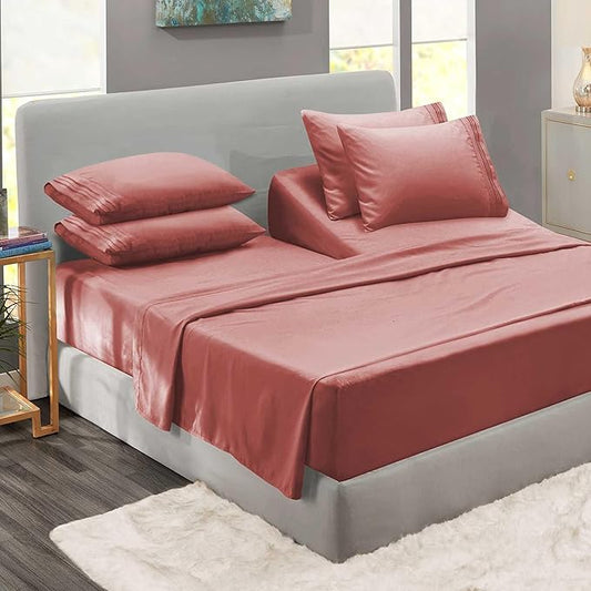 Clara Clark Flex Top King Sheets - Hotel Luxury 6 Piece Bed Sheets for Top Split King Bed - Soft Bedding Sheets & Pillowcases, Head Split King Size. Pink Clay